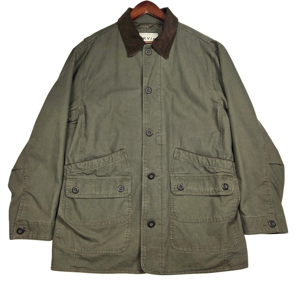 Vintage Orvis Field Jacket Mens Large Green Barn‎ Coat Corduroy Collar Quilted